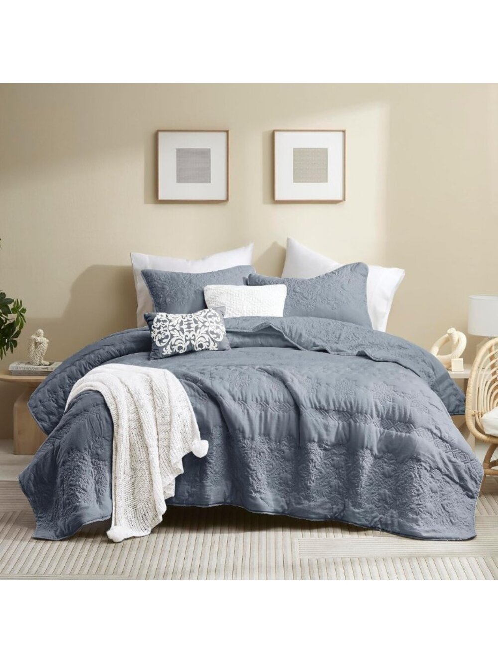 Boho Blue California King Quilt Set - Oversized Floral Lightweight Bedspread, 3